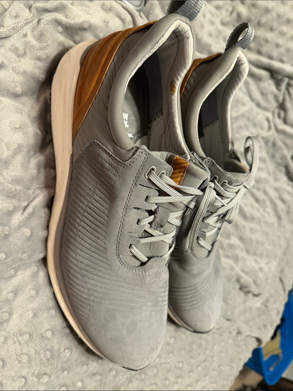Johnston & Murphy XC4 Gray Sneakers with Brown Heel Accent